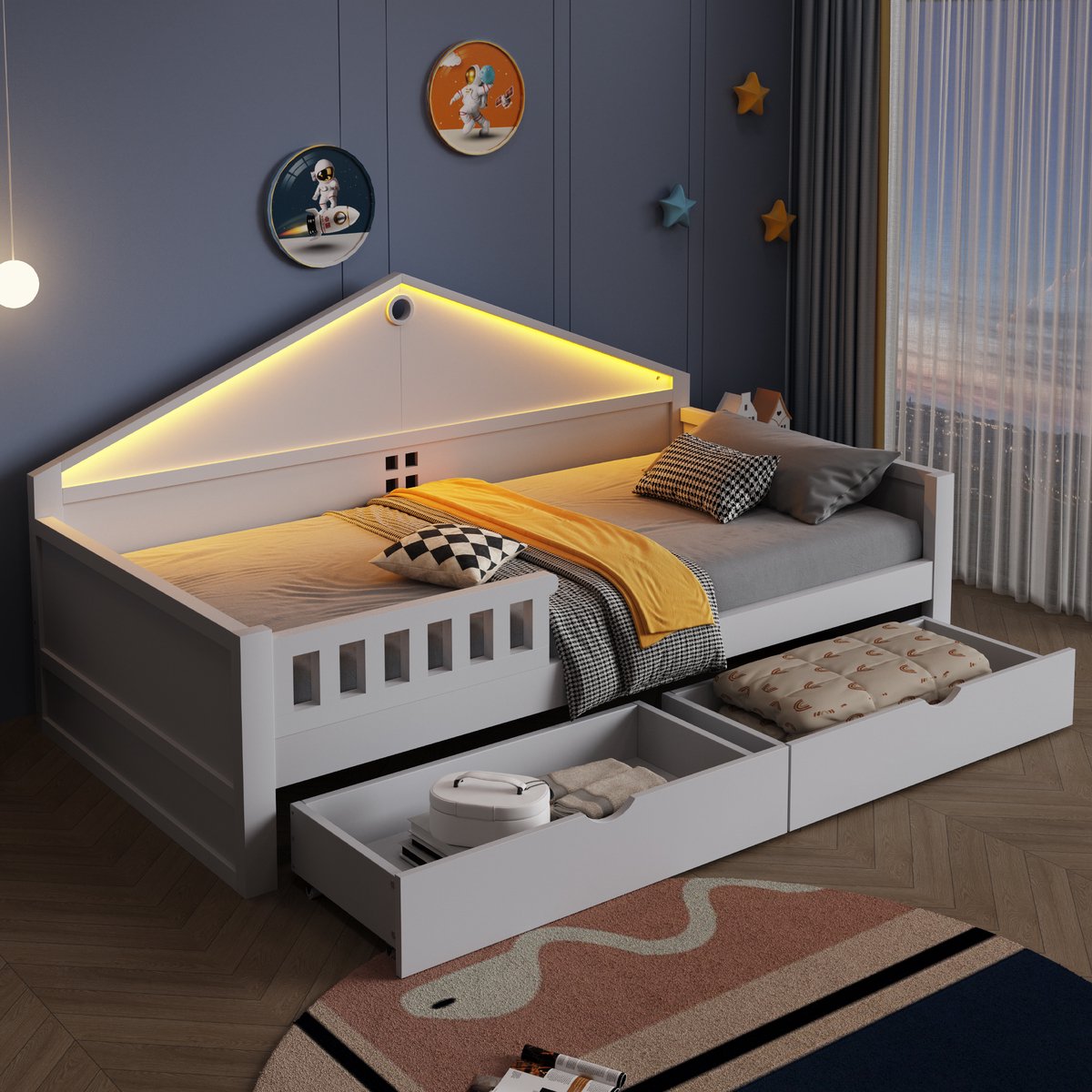 Kinderbed 90×200 cm, Huisvorm Bedhuisje, Met Lichtstrip, Lades, Lattenbodem, Eenpersoonsbed, Tienerbed-Wit