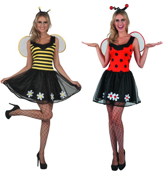Twee vrouwen in insectenkostuums: bij met gestreepte top en zwarte rok, lieveheersbeestje met stippen en zwarte rok.