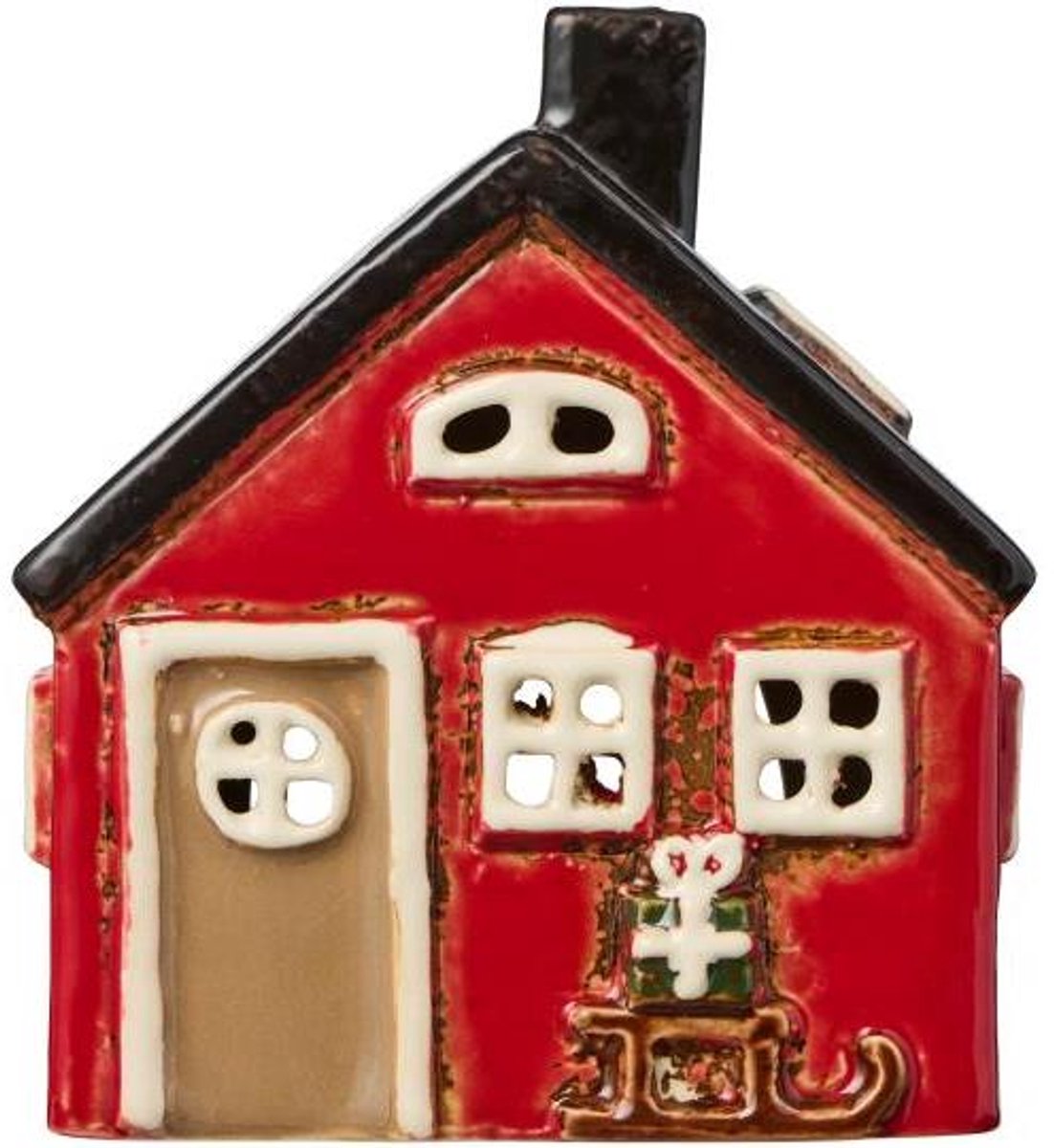 Ib Laursen - Keramieken Huisje - Kersthuisje met Slee en Cadeau - Waxinelichthouder