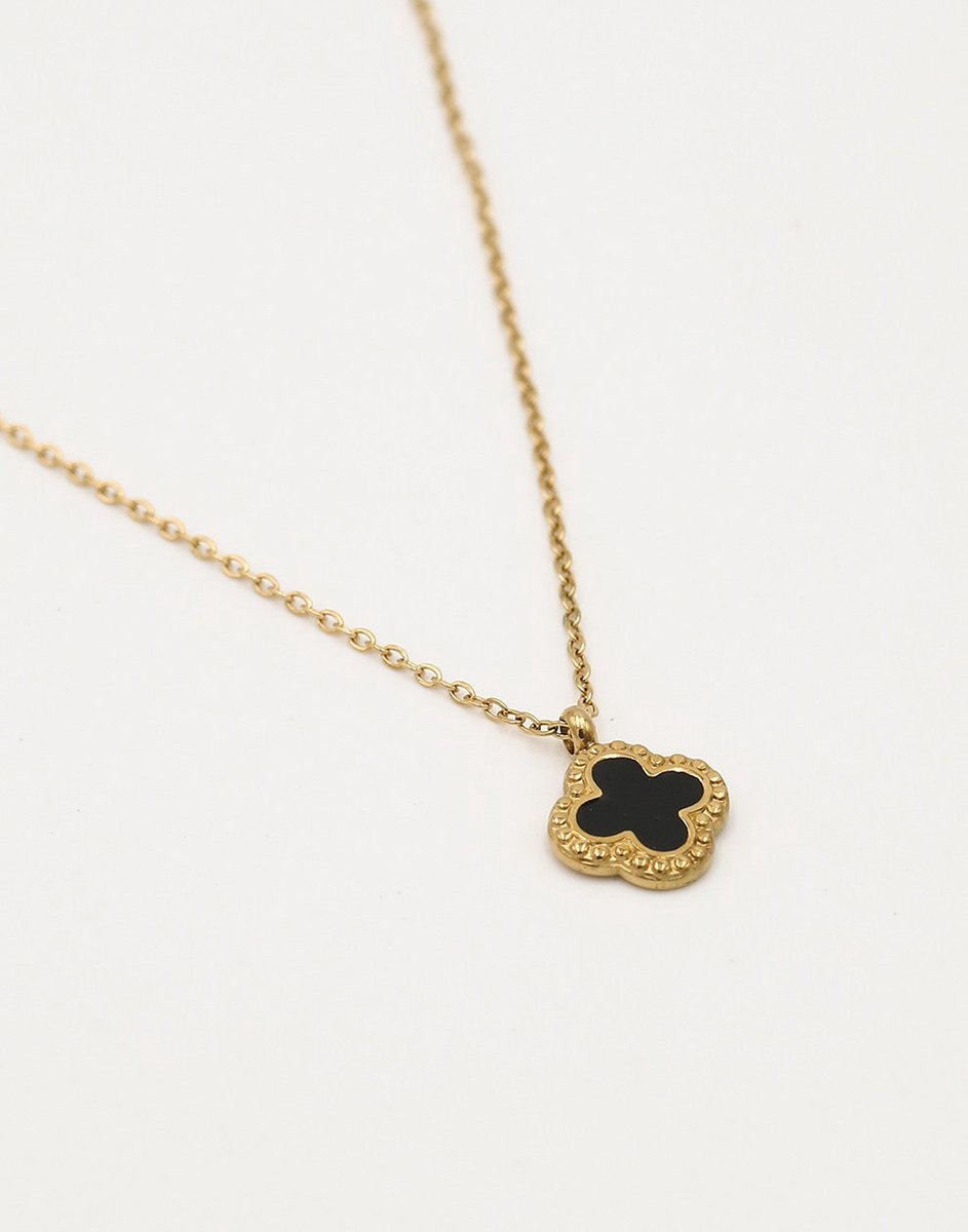 Ketting Klaver Zwart - 40cm + 5cm verlengstuk - Stainless Steel - Glow Adora