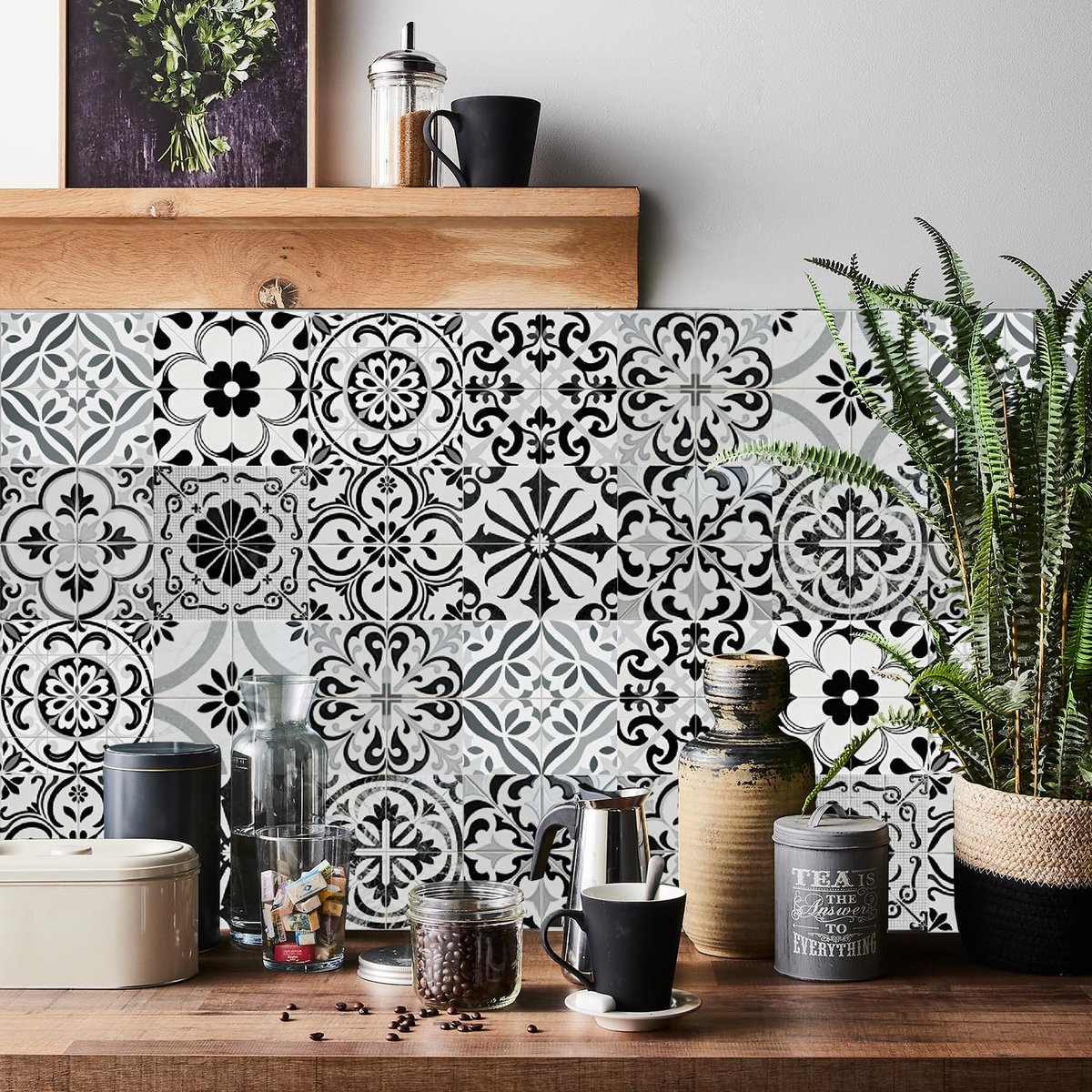 Zelfklevende wandtegels 24 stuks voor keuken en badkamer (15x15 cm, zwart-wit)