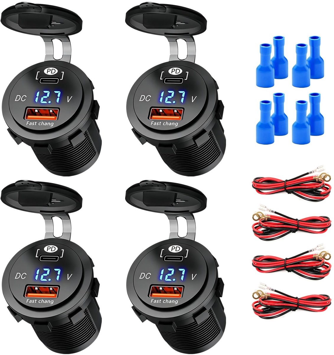 SolidKeus - 4-Pack Auto Oplaad Socket met Dual USB Poorten en Waterproof Ontwerp