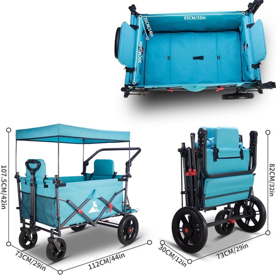 Opvouwbare bolderwagen - Transportkar met stoelen - Veelzijdig transport - Inclusief dak en remmen - 180L capaciteit - Hemelsblauw — afbeelding 2