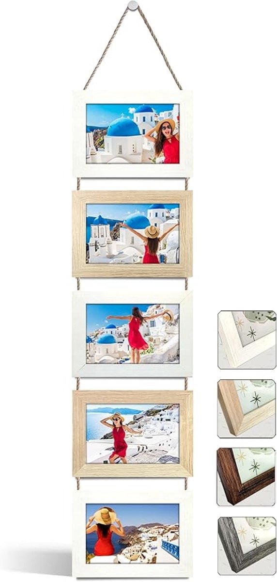 Fotolijsten 10x15 cm Set van 5 - Multifoto lijsten voor aan de muur - Wit/Hout - Met HD glas