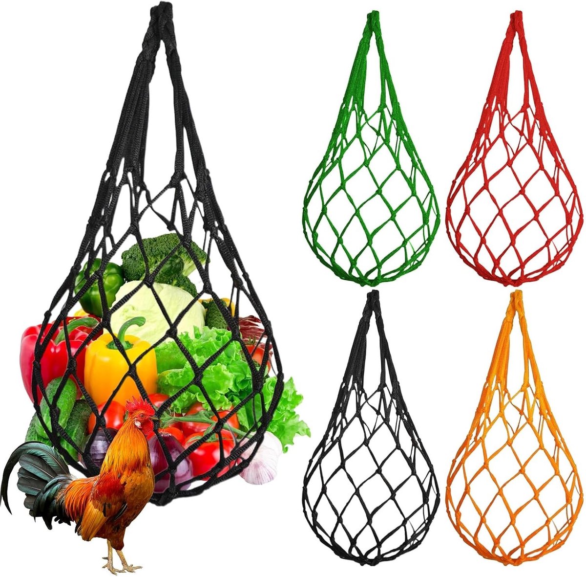 Hanging Voederautomaat met Netzak voor Kippenvoer, Voedernet voor Gevogelte, Geschikt voor Eenden en Vogels (Rood/Zwart/Geel/Groen) - Ideaal voor Buitengebruik en Dierenvoeding