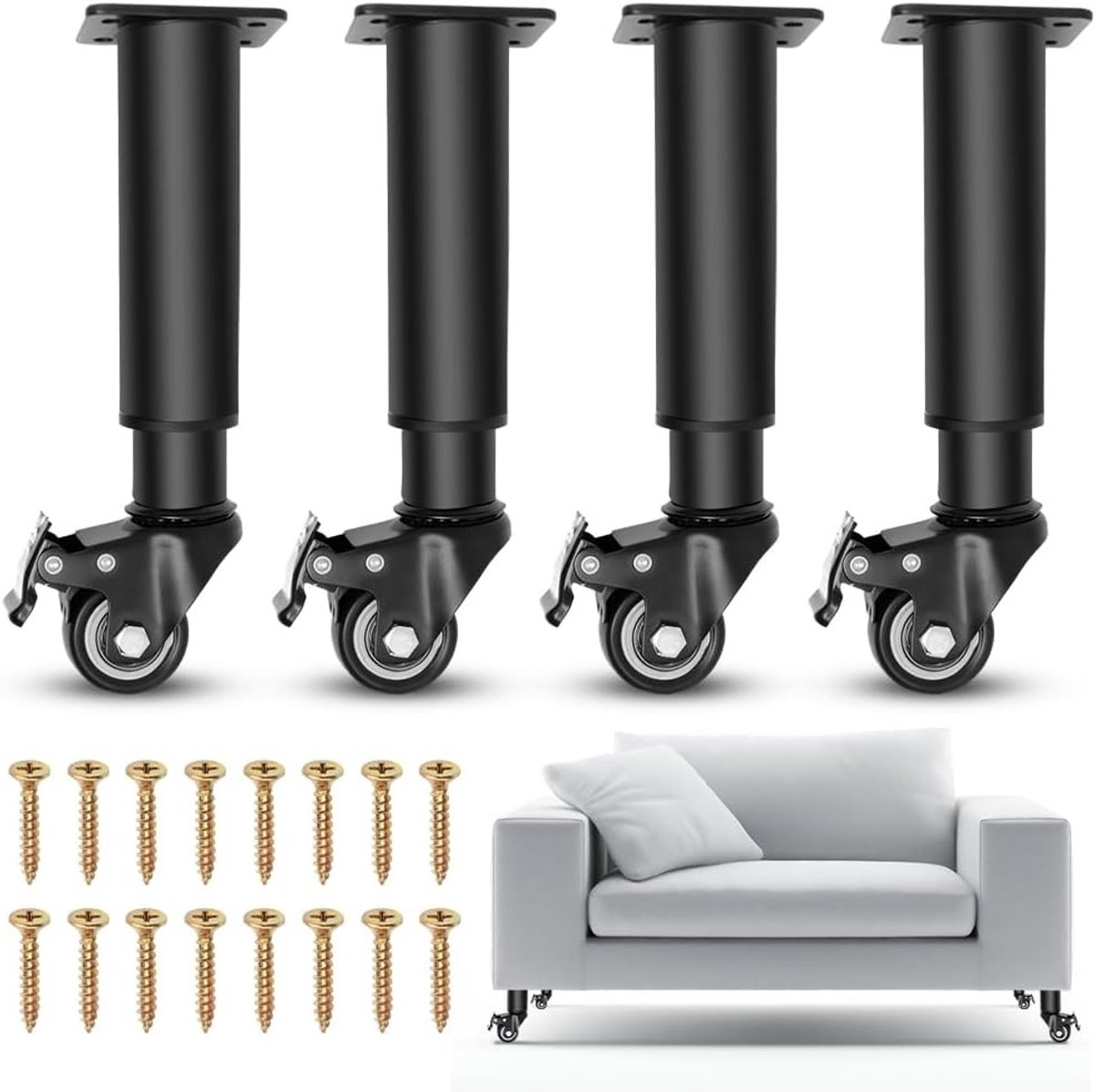 Verstelbare meubelpoten met zwenkwielen, 360 graden draaibaar, ideaal voor banken, bedden en tafels (zwart, 245-360 mm)