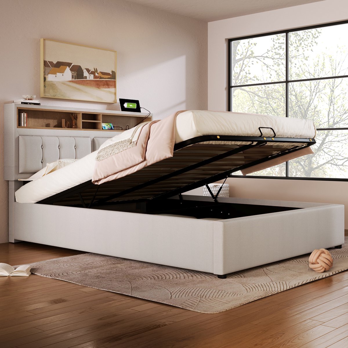 Gestoffeerd bedframe - voor matras 140 x 200 cm - beige - met USB-aansluiting en opbergruimte en lattenbodem - voor de slaapkamer