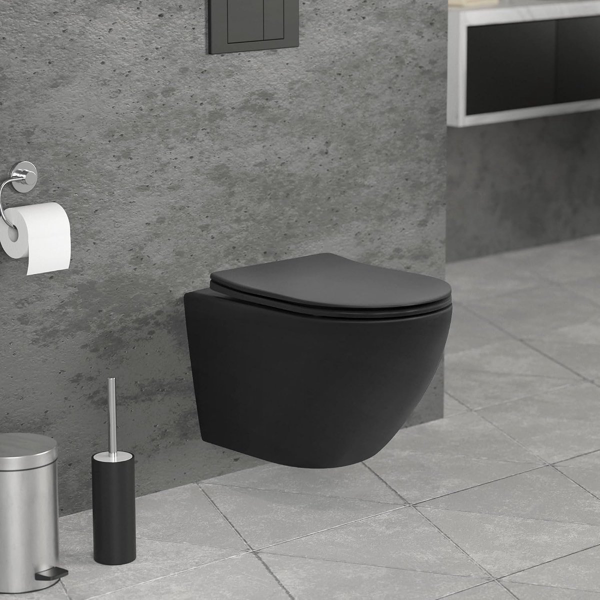 wandtoilet compact randloos matzwart wc met afneembare Duroplast zitting soft-close automatische neerlaatfunctie diepspoeltoilet korte sprong 49 cm sanitair keramiek wc met diepe spoeling
