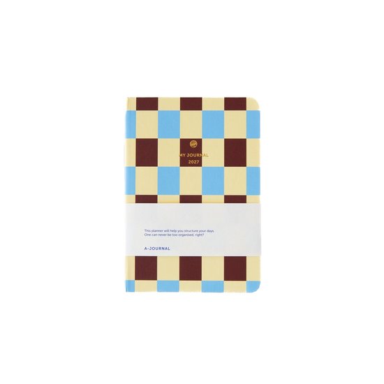 A6 agenda 2027 met blauw, vanille en chocoladebruine ruitenprint.