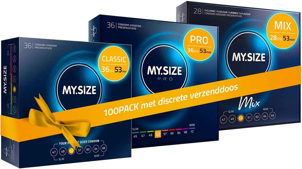 MY.SIZE 100 Condooms 53 mm Megaset Classic+Mix+Pro I Maat 1 I 100 stuks voordeelverpakking I Extra dun Premium condoom I Zeer dun gevoelig I Dunne wand I Vegan condooms I Condooms voor mannen
