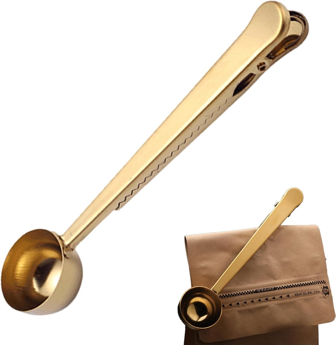 Claoner Koffielepel met clip - 2 stuks - RVS - Meetlepel - Voor koffie thee eiwit - 17cm - Goud