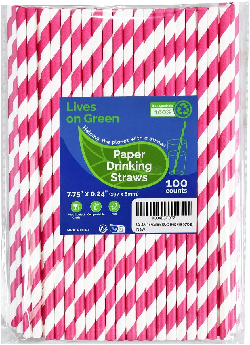 Omgoods - Set van 100 Hot Pink Gestreepte Papieren Rietjes voor Feesten