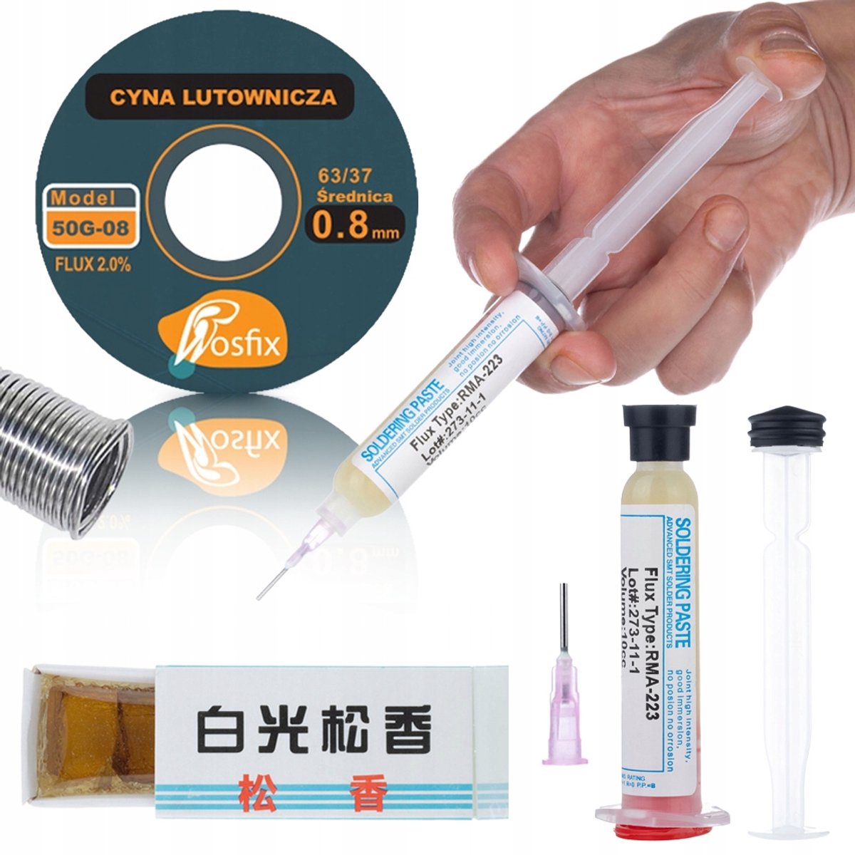Rosfix Soldeerset - Soldeertin Sn63Pb37 0,8 mm 50 g - Flux RMA-223 10 ml - Colofonium 15 g - Geschikt voor Arduino