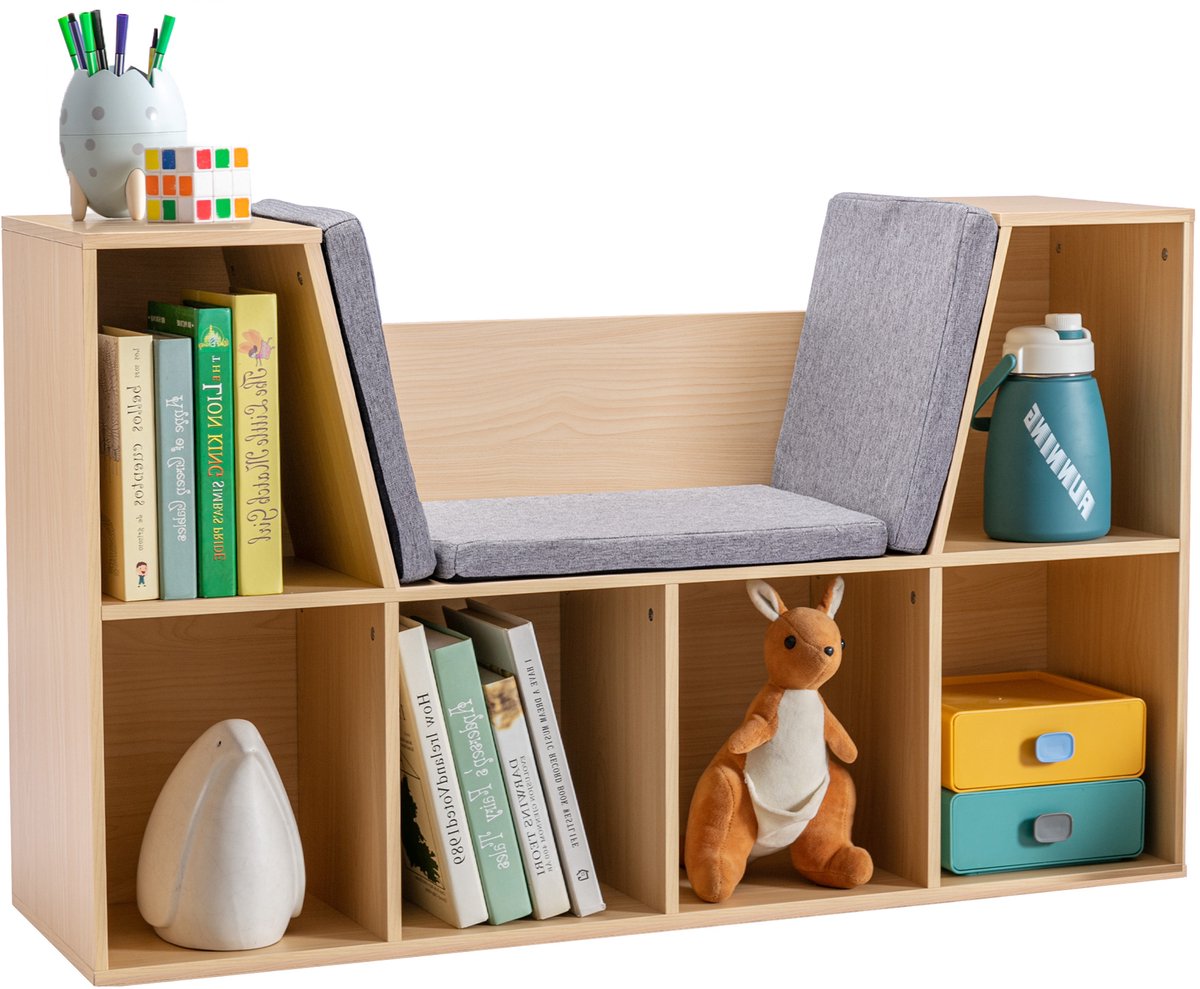 HOMCOM Kinderboekenkast MDF, Polyester 103L x 30B x 62H cm Grijs+Naturel