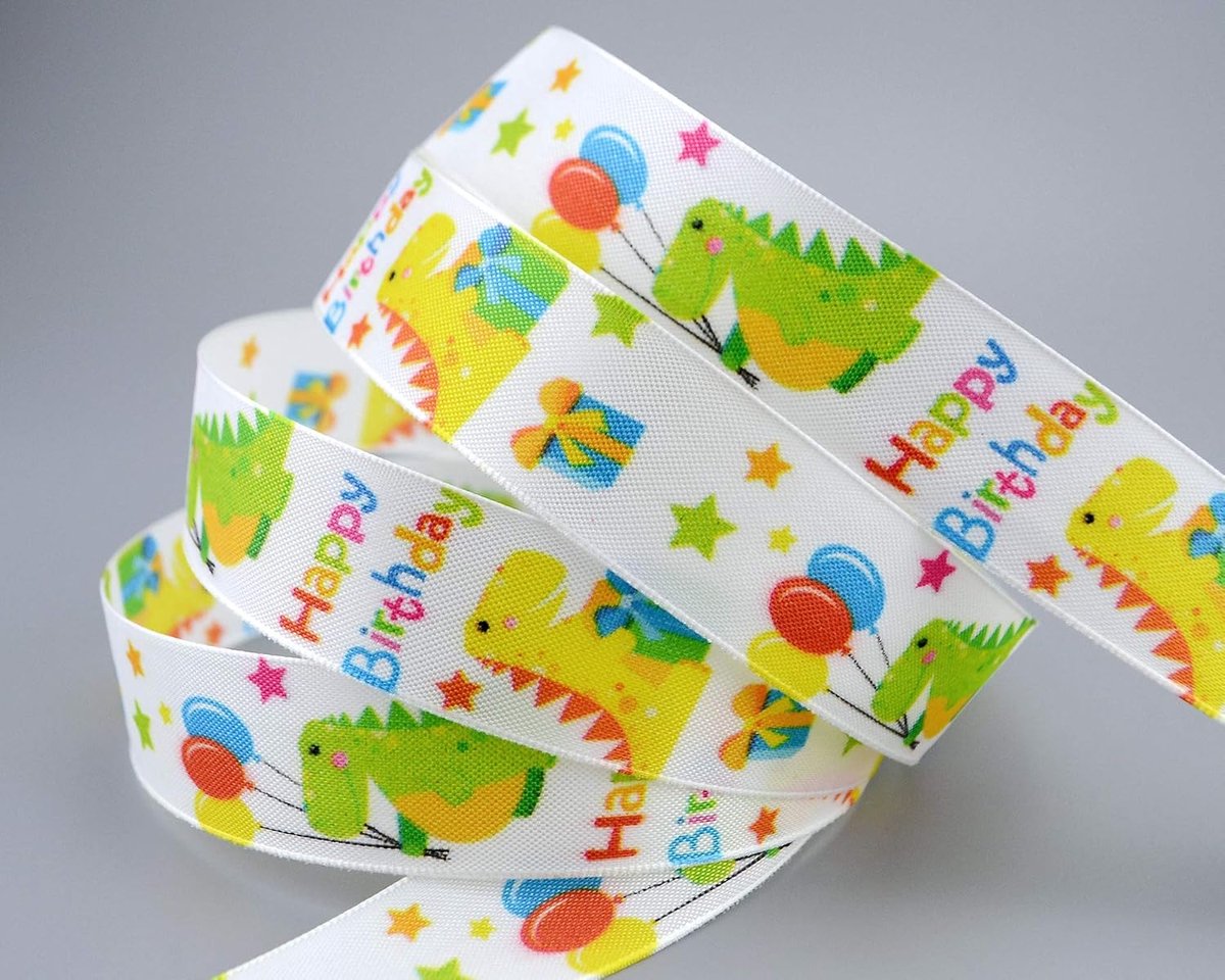 Decoratielint voor kinderverjaardag, draak, taftlint, lint, met vormvaste randen, voor kinderen, feest, verjaardag, Happy Birthday, veelkleurig, 20 m x 25 mm