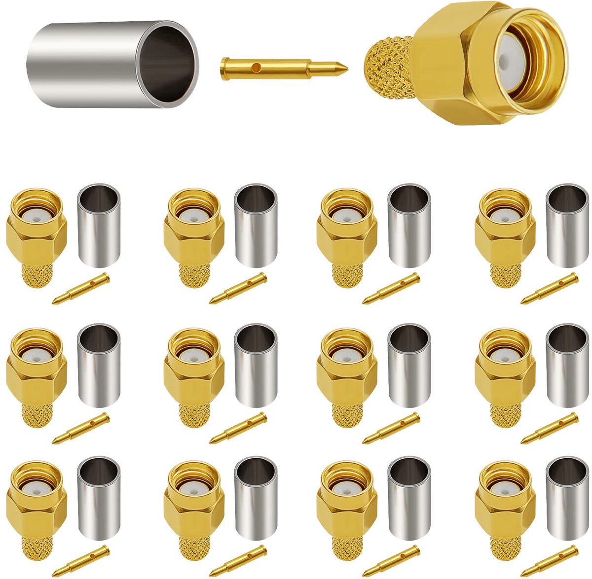 12 Stuks SMA Mannelijke Crimp Connector, KUOQIY SMA Plug Crimp Vergulde RF Connector, voor RG58/RG400/RG142/LMR195 Kabel