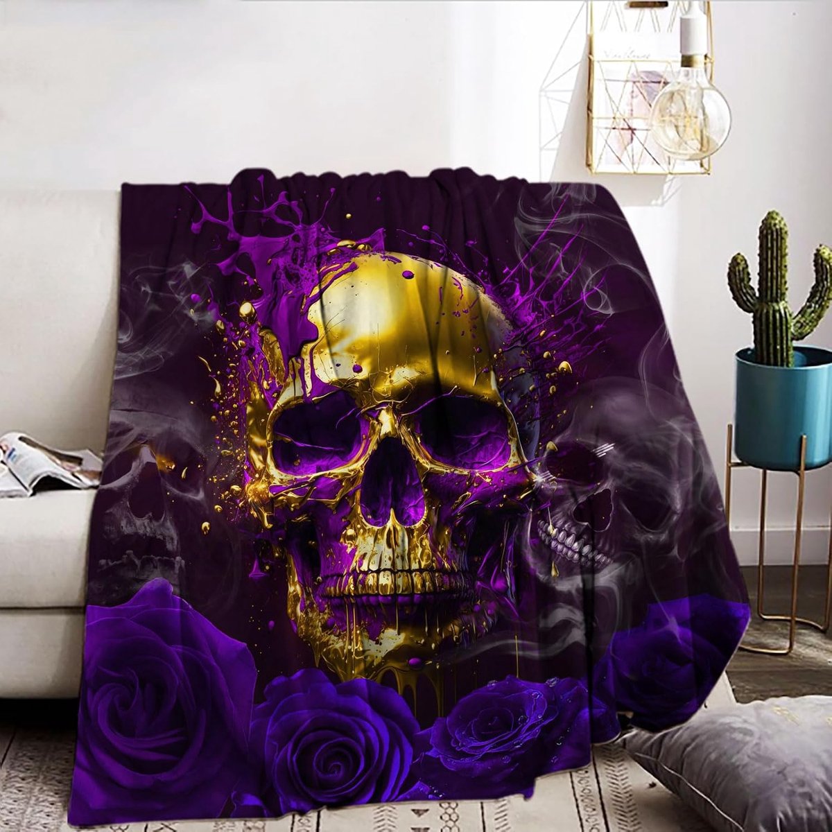 Knuffeldeken 130 x 150 cm, gothic schedelmotief print, zacht comfortabel kunstbont deken, knuffeldeken voor Halloween, bank, bed (B, 130 x 150 cm)
