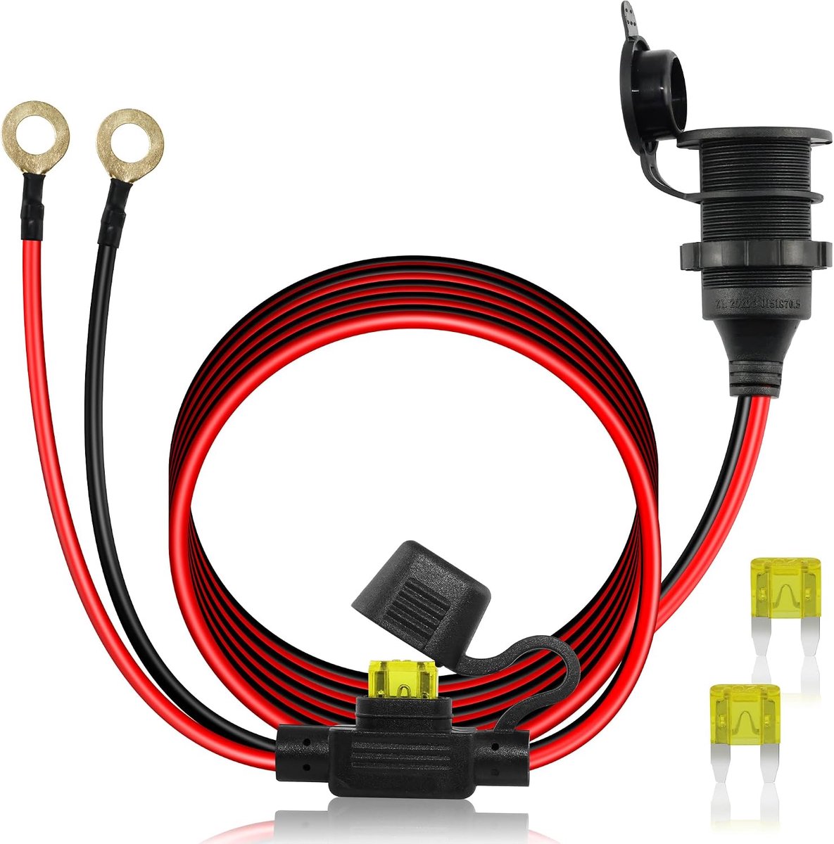 10FT 12V/24V Vaste Draad Sigarettenaansteker Socket naar O Ring Terminal Cord,20A 14AWG Waterdichte Sigarettenaansteker Vrouwelijke Socket Vervanging Kabel, 8mm Ring Oogje Terminal