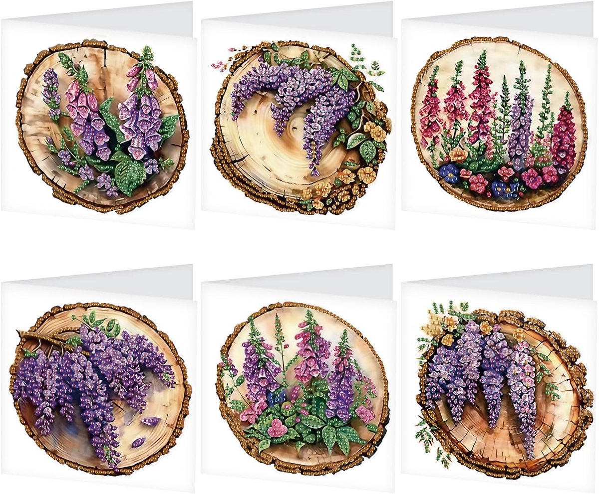 5D Diamond Painting Wenskaart met envelop, 6 stuks, diamantschilderij, wenskaarten, bloemen, goede kaart, doe-het-zelf cadeaukaart, verjaardag, afscheidskaart voor dagelijks groeten, zegen