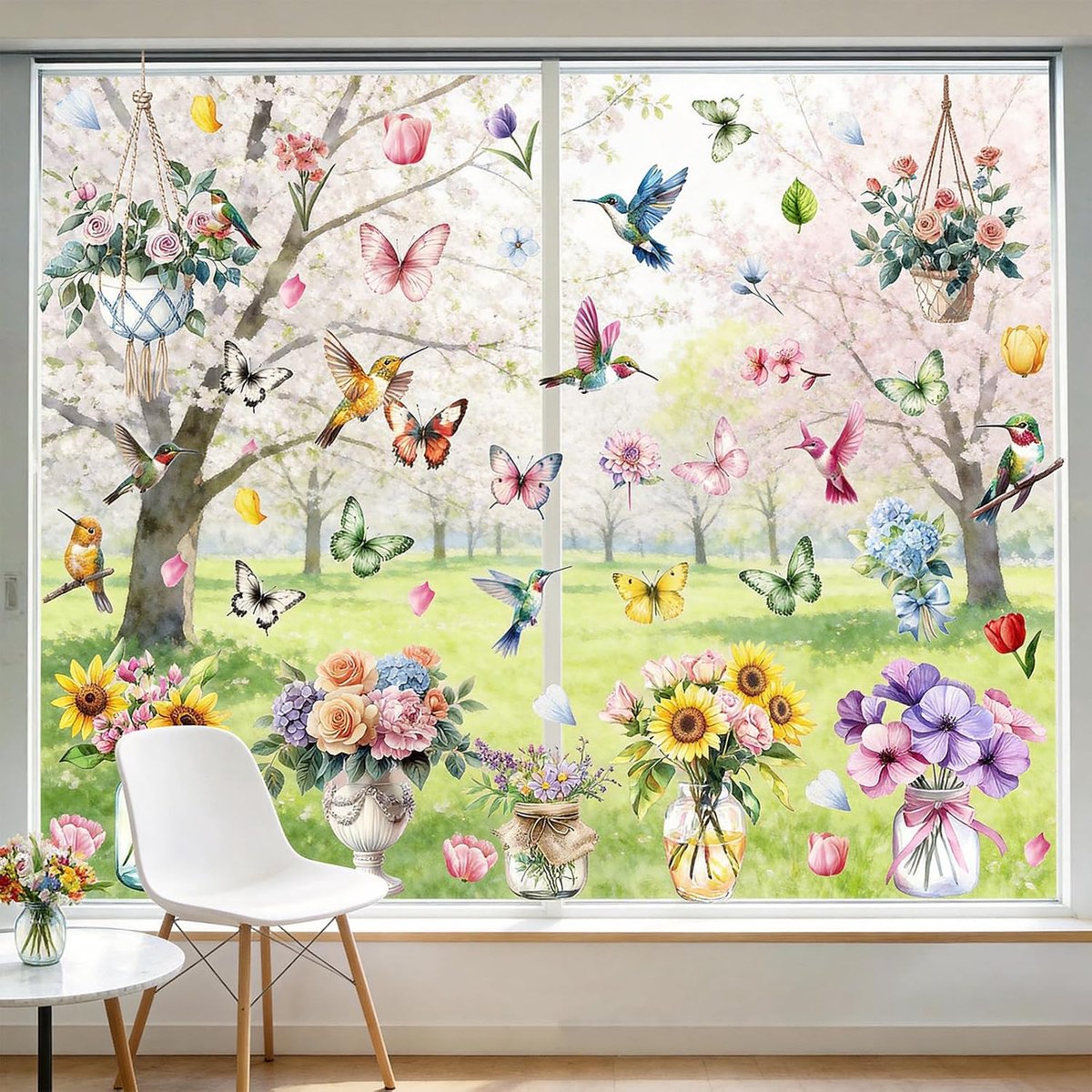 Raamstickers Bloemen en Vlinders - Statische Raamfolie Dubbelzijdig Herbruikbaar - Lente Zomer Raamdecoratie - Anti-Collisie Glasstickers