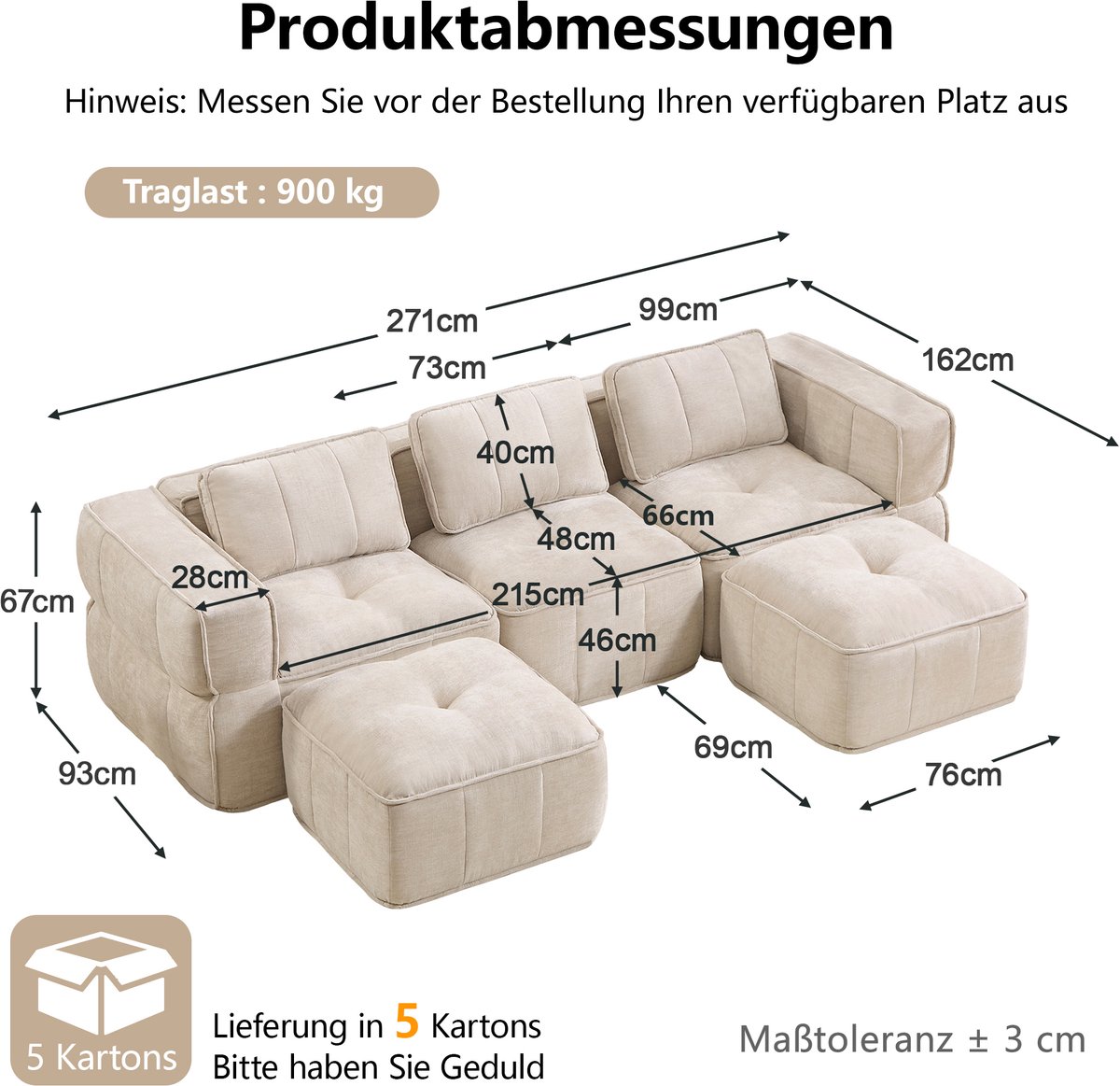 MIVRAY U Bank 271 X 162 X 67 Cm Modulaire Bank Met 2 Hockers Zonder Frame 32D Schuim Voor Woonkamer Polyester Beige