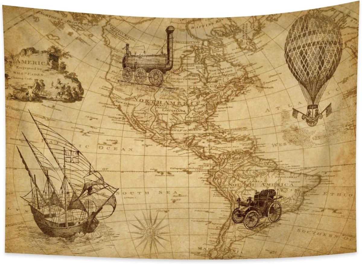 150x100cm Wereldkaart Tapijtwerk wandkleden, Amerikaans continent Industrieel tijdperk Uitvinding Deken voor kamer Oude eeuw Avontuur Historische ontdekking voor school Klas kamer Slaapzaal