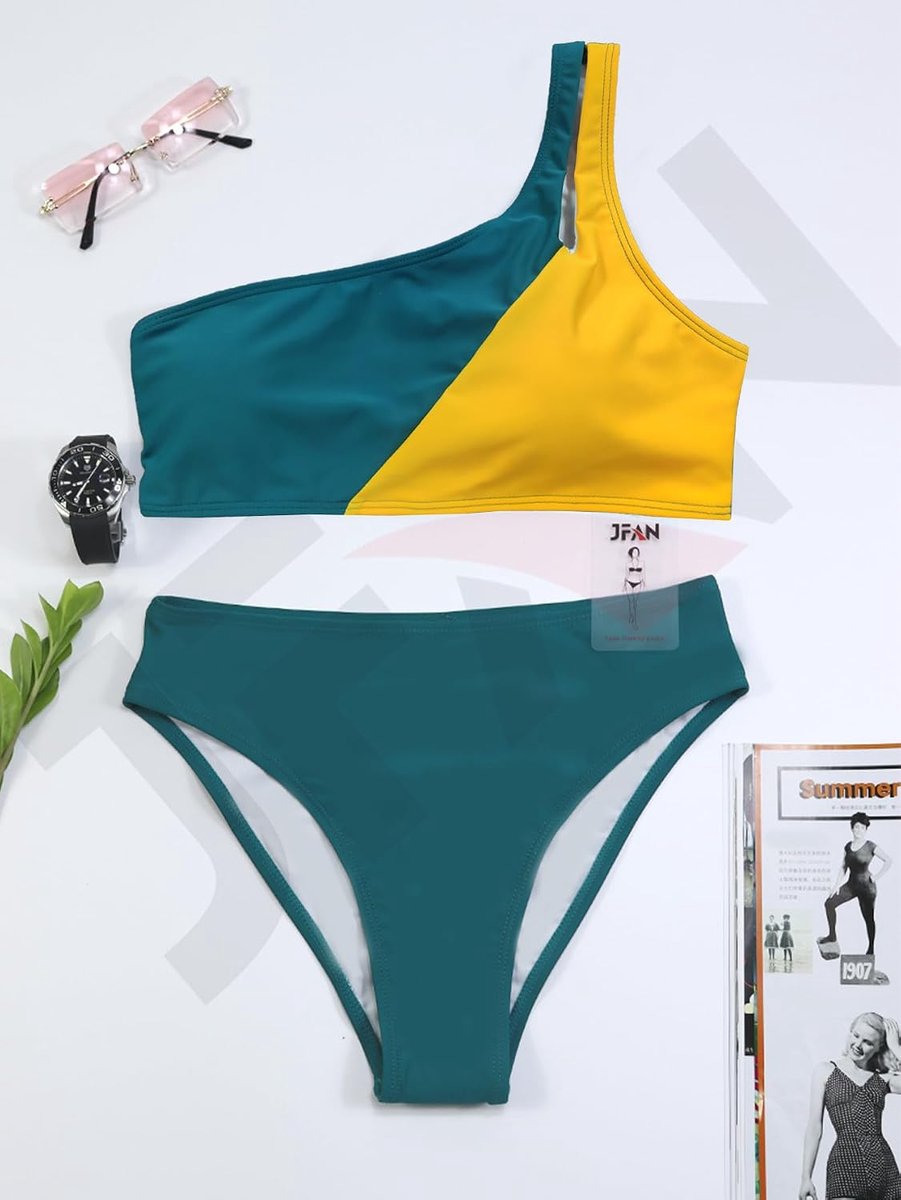 Badpak voor dames, 2-delig, bikini, push-up, set met één schouder, uitgehold tweedelige badmode, hoge taille