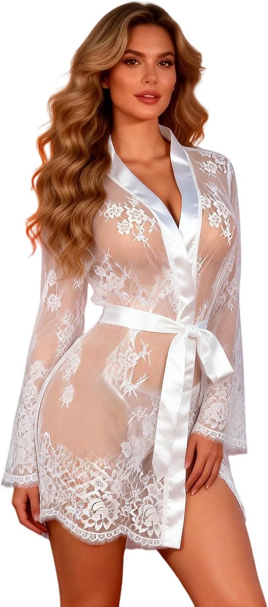 Comeondear Sexy babydolls voor dames, kimono, kant met riem, nachthemd, transparant, babydoll, sexy lingerie, zwart, pyjama, badjassen, kamerjurk, grote maat met G-string