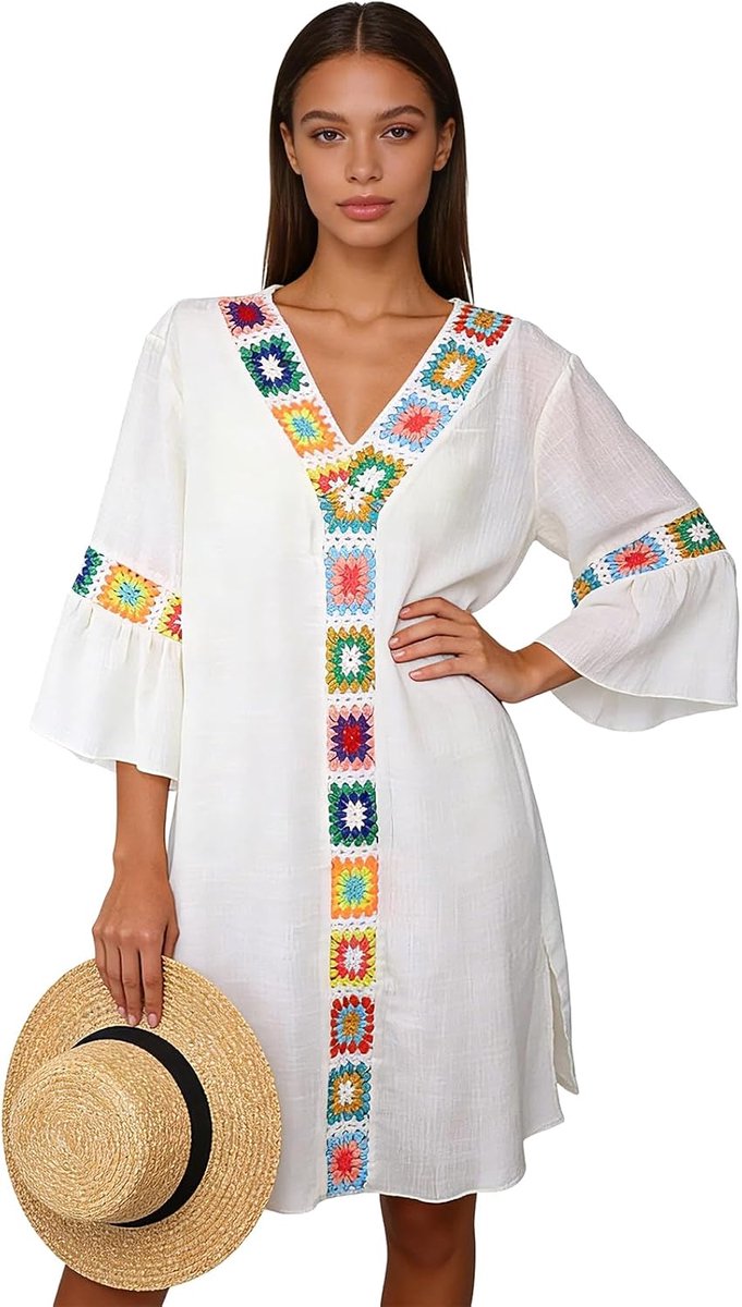 Strandjurk voor dames, V-hals, boho, bikini, cover-up met gehaakte bloemen, lichte strandkleding, tuniek voor strand, vakantie en zwembad