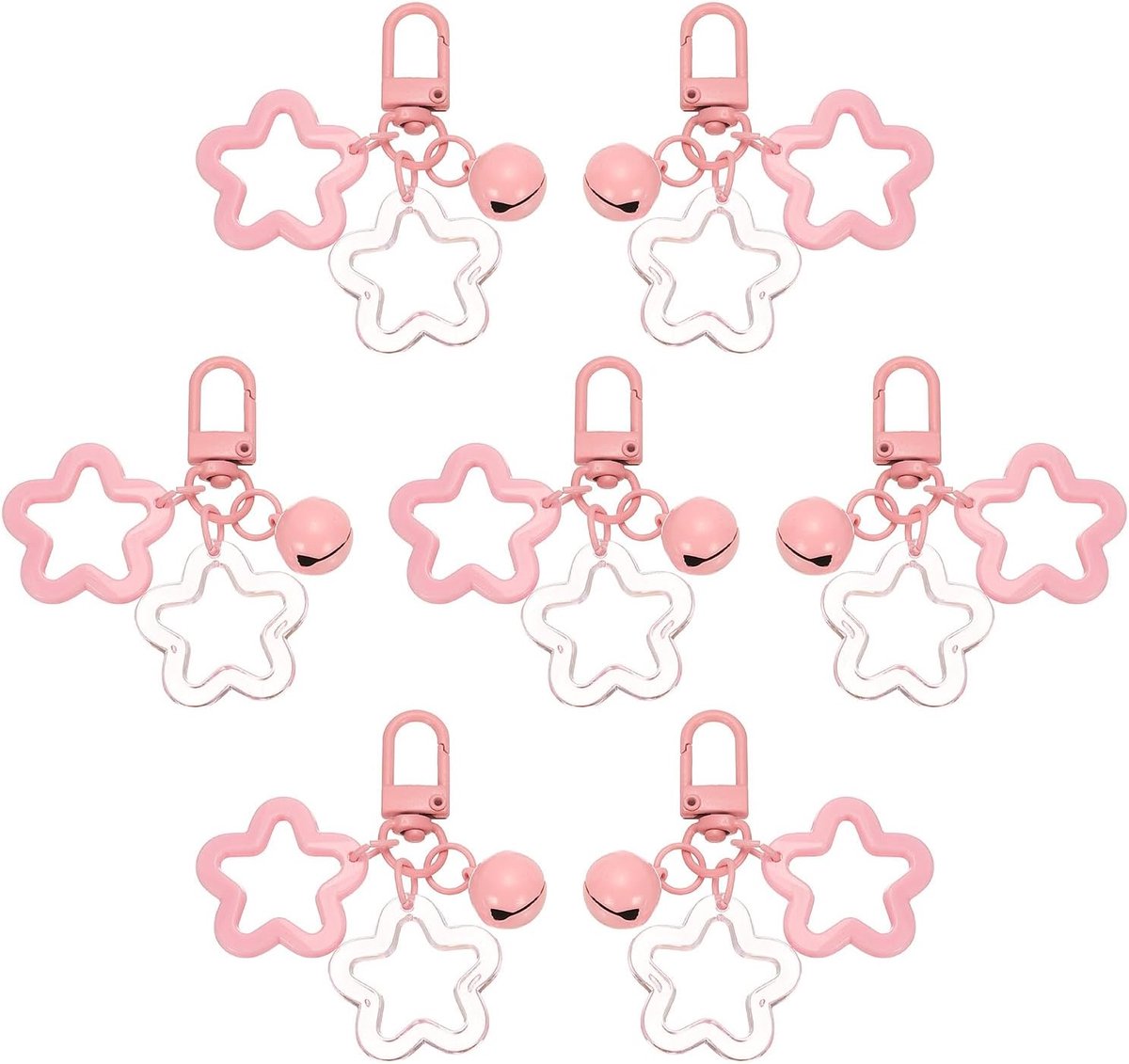 Ster-sleutelhanger, 7 stuks snoepkleur acryl sleutelhanger met vijfpuntige ster hanger bel clip voor sleutels en accessoires tas, roze