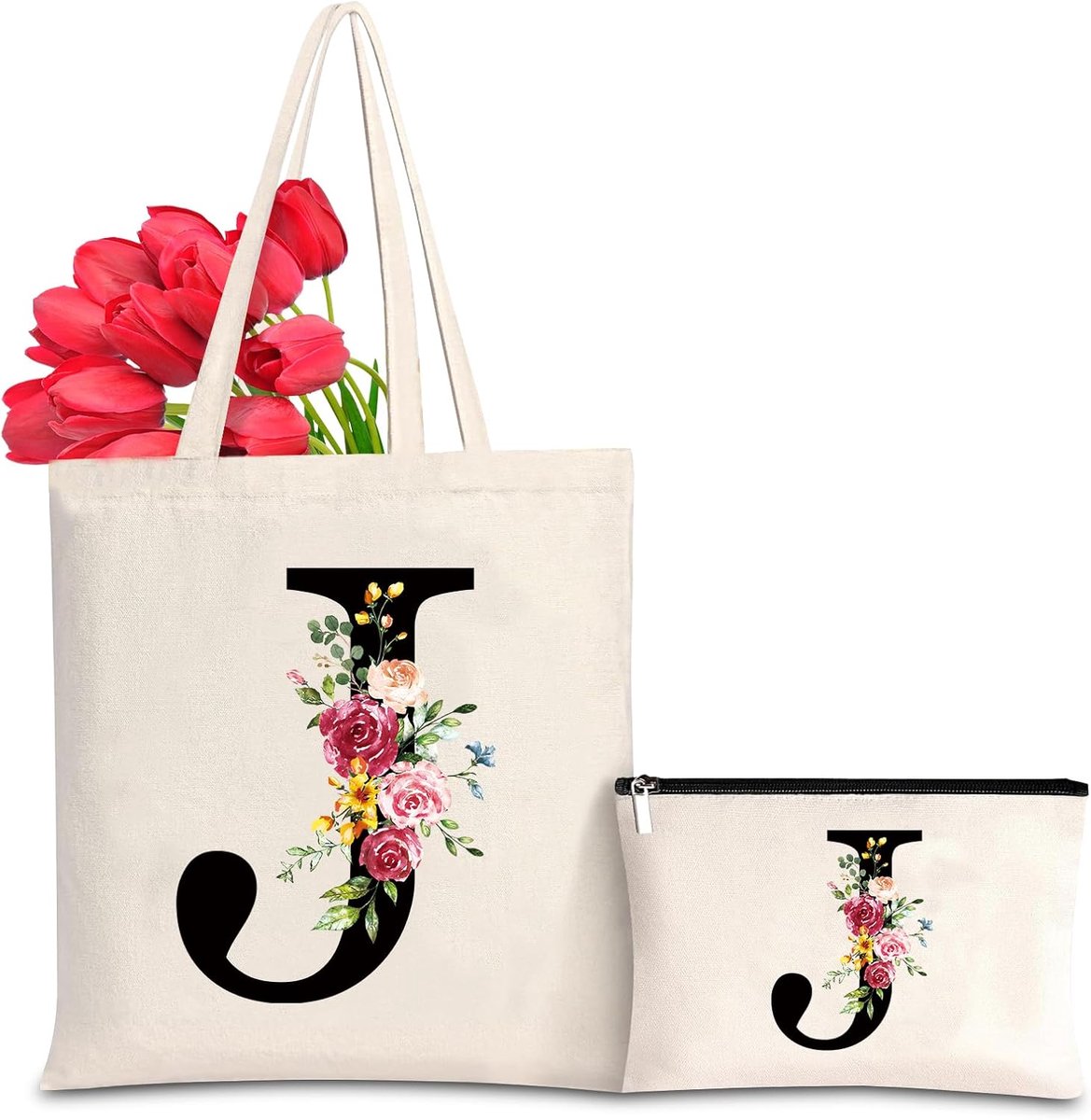Canvas tas met initialen voor dames, katoen, boodschappentas en make-uptas, cadeau-idee voor vrienden, collega's, moeder, cadeau verjaardag, bruiloft, Kerstmis J