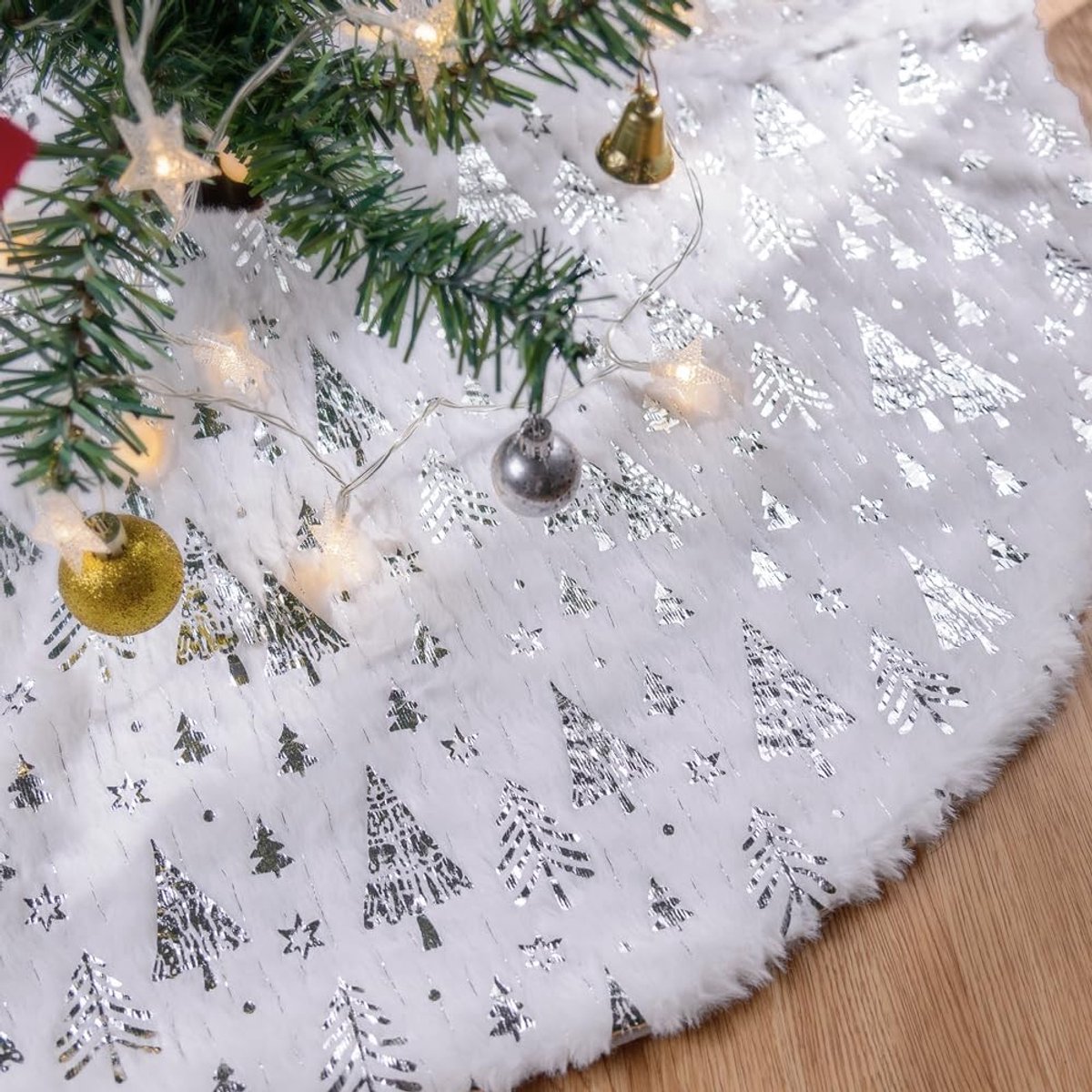 120 cm kerstboomrok, grote pluche patchwork zilveren nepbont kerstboomrokken 48 inch boommat basishoes voor winter kerstvakantie binnendecoraties (zilver, kerstboom)