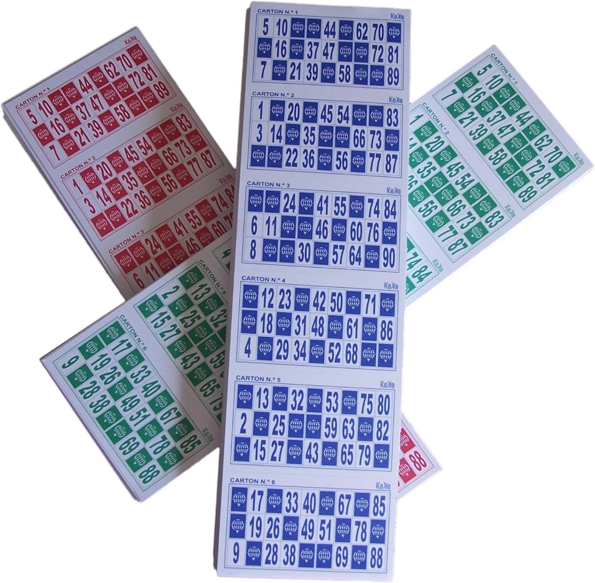 Bingo-kaarten (3 x 600 driekleurig) voor gebruik en gooien of herbruikbaar met chips (niet meegeleverd) voor traditioneel bingospel met 90 ballen