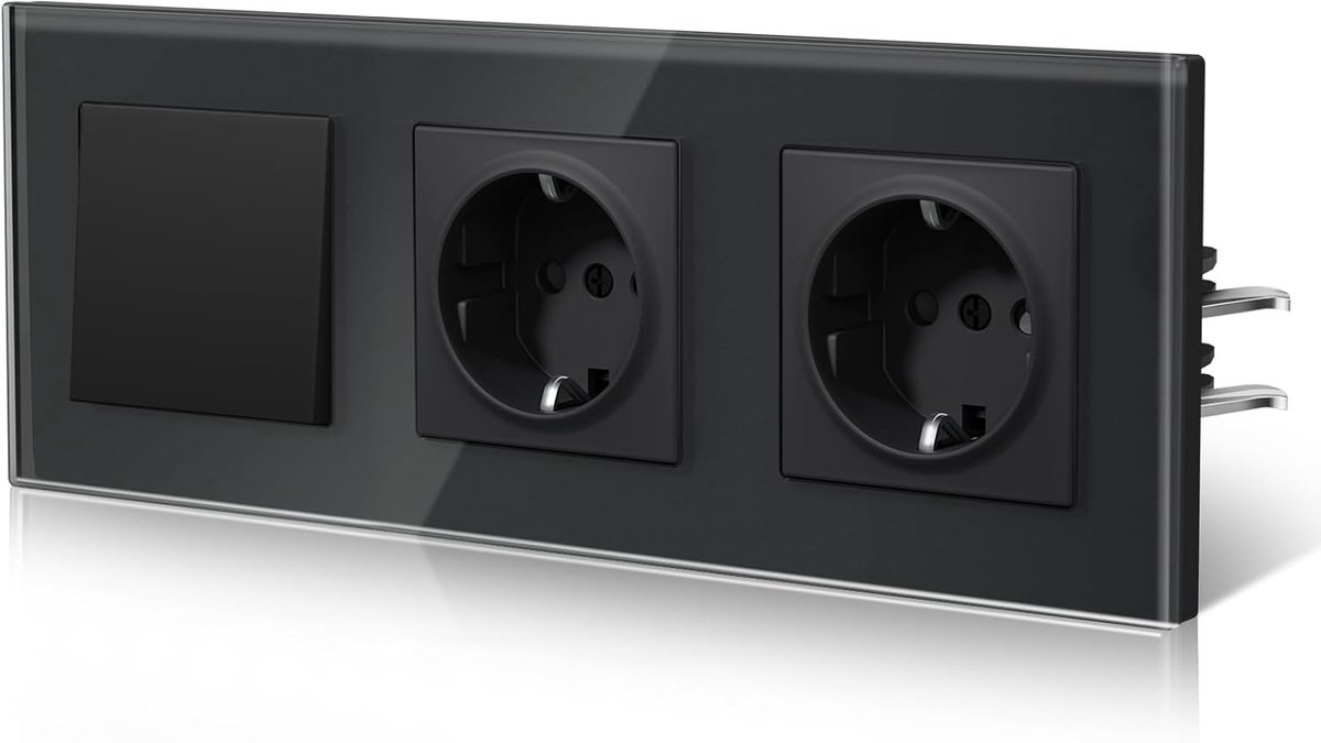 Lichtschakelaar van glas, inbouwschakelaar met klemmen, Eenvoudig aansluiten met snelclip-technologie,Lichtschakelaar met stopcontact, 1 Gang 2 Way mit 2 Socket-228mm, Zwart