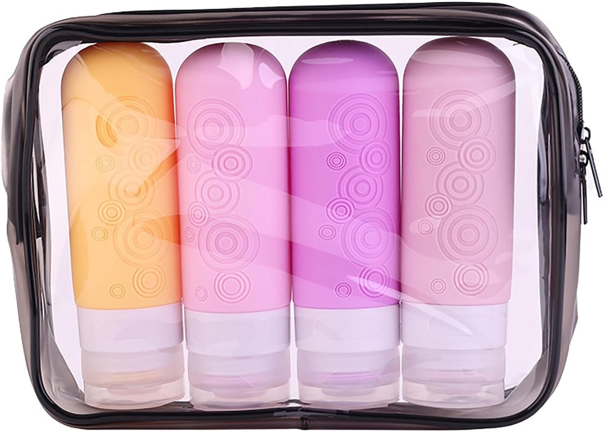 Siliconen Reisflessen, lekvrije siliconen reisflessen containers travel bottles, navulbaar en knijpbaar, voor lotion, douchegel en shampoo, reisaccessoire het vliegtuig, 90 ml