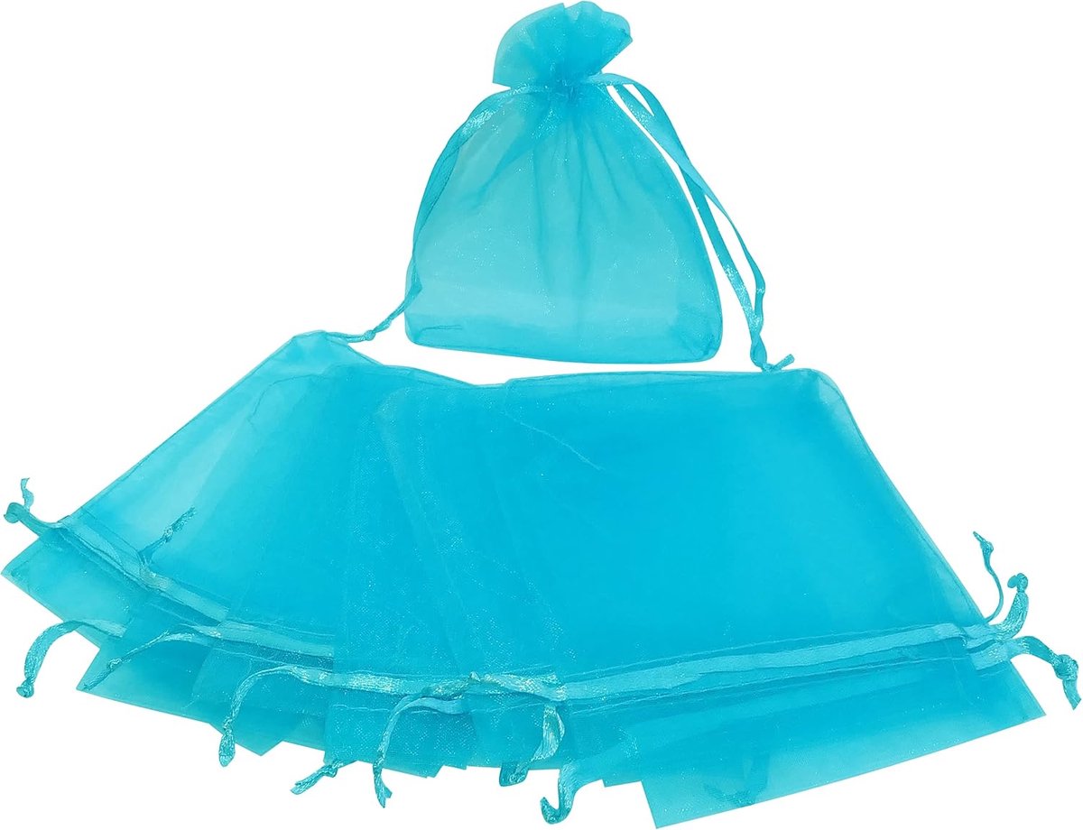 - C53873 - Set van 10 zakjes/handtassen/sieradenzakje van transparant organza / geschenk 100 x 120 mm - sluiting met trekkoord - kleur turquoise