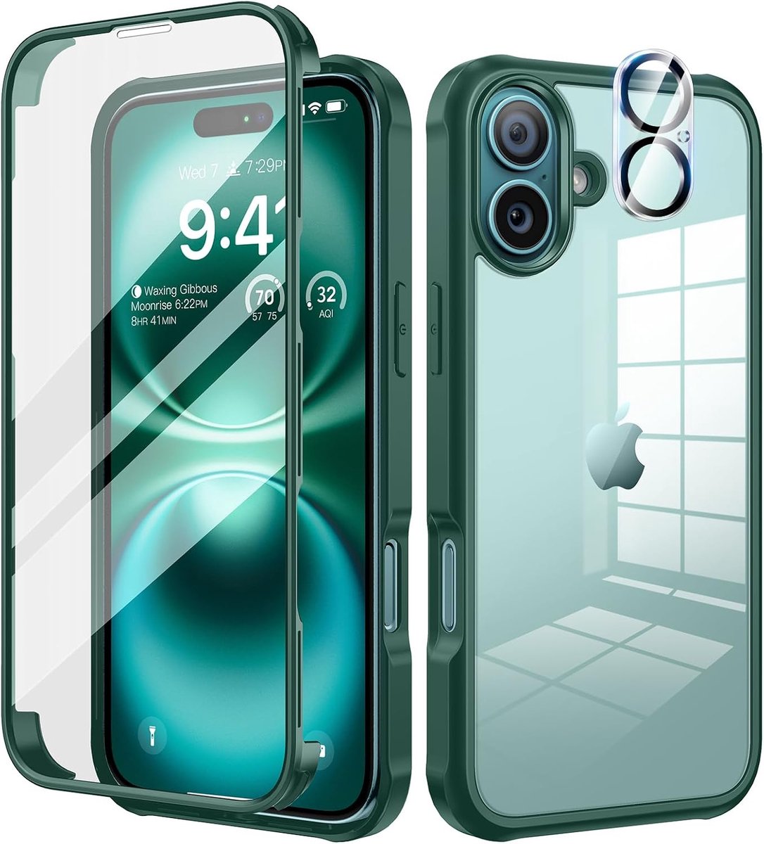 Seacosmo voor iPhone 16 Hoesje 360 graden volledige Bescherming met Ingebouwd Glas Schermbeschermer & Cameralensbeschermer, iPhone 16 Schokbestendige Case, Groen