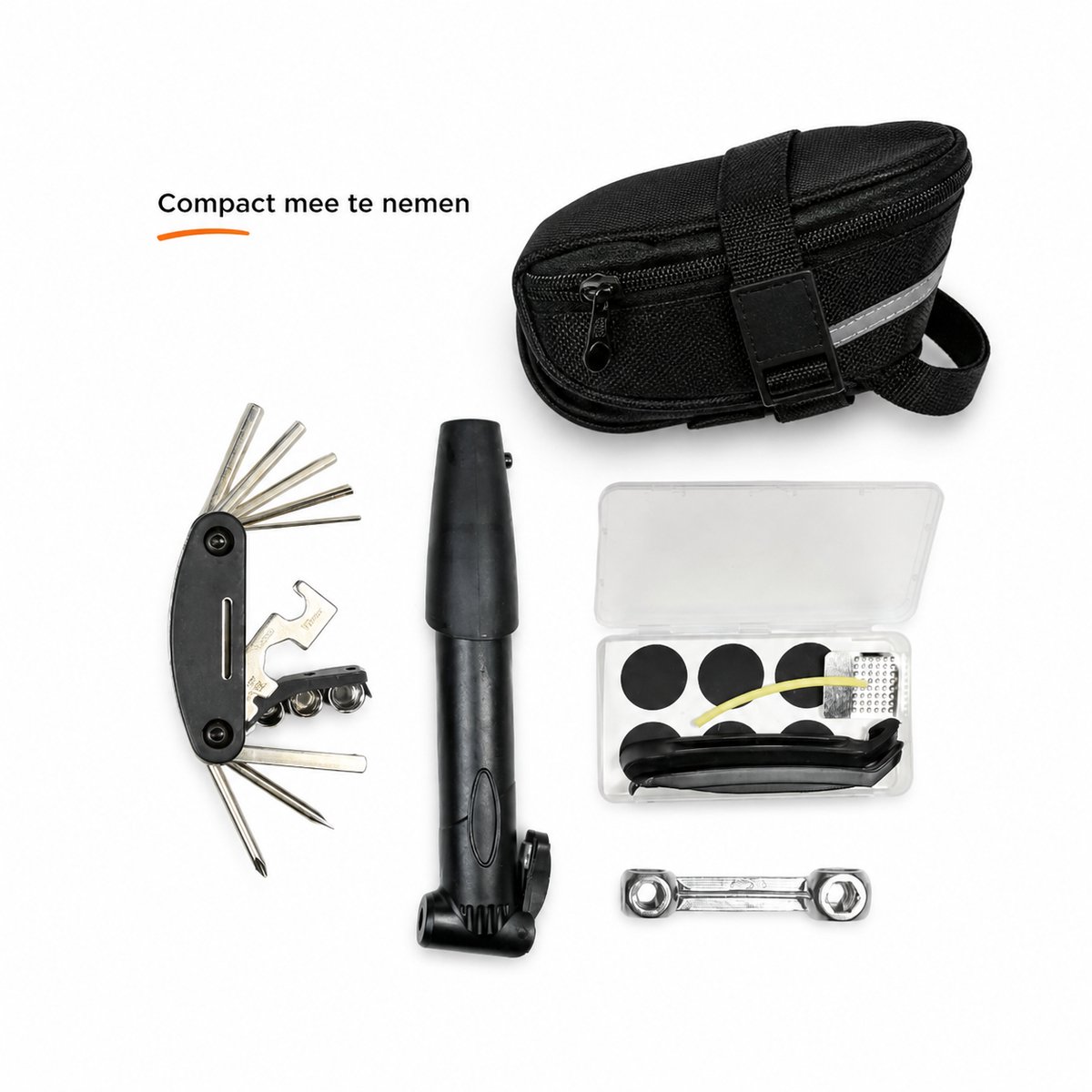 Fietsreparatieset in etui - 16-in-1 multitool - minipomp - bandenplakset
