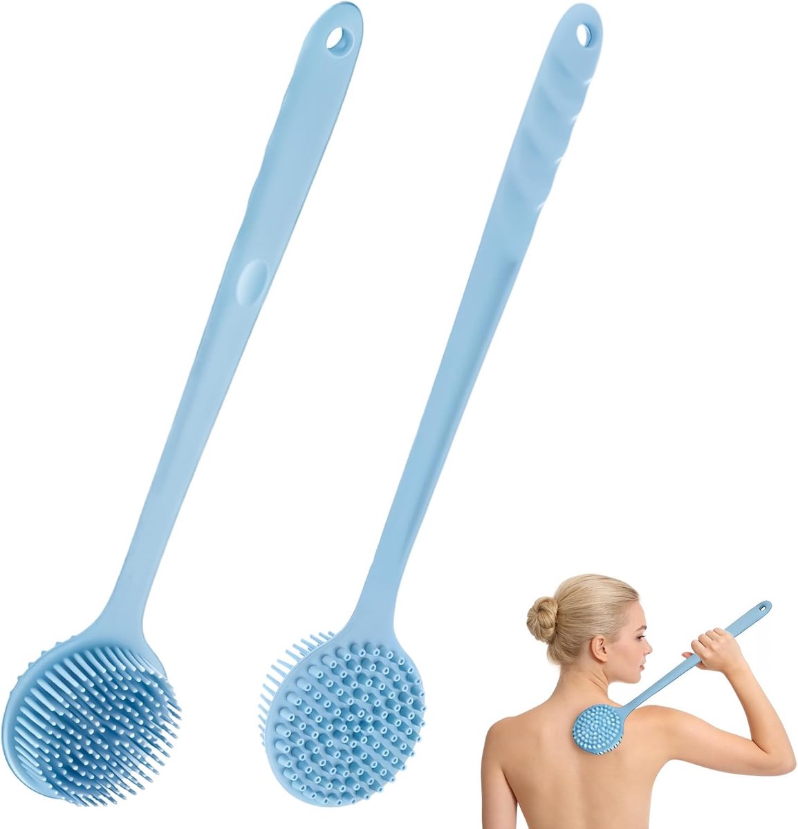 Set van 2 siliconen doucheborstels met lange handgreep, lichaamsborstel voor de douche, zachte reiniging, sterk schuim, zachte borstelharen (blauw)