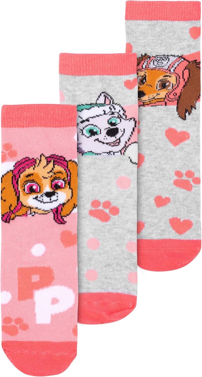 Labels Paw Patrol Skye, Zuma, Everest sokken voor meisjes, kindersokken, roze/grijs (3 stuks)