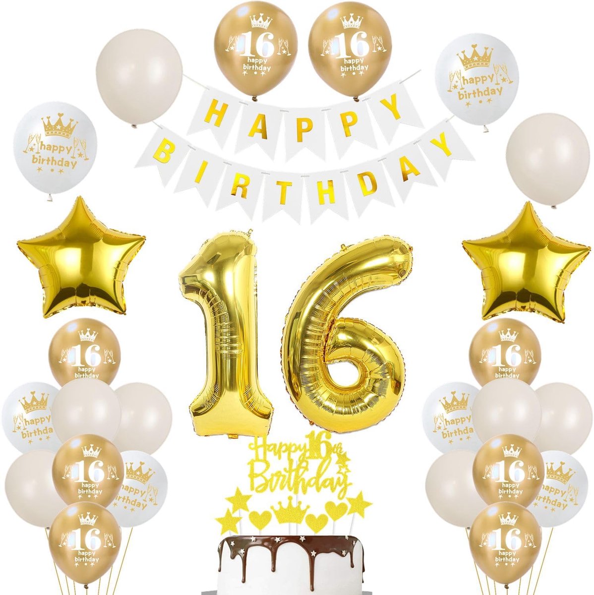 Decoraties 16 jaar meisje verjaardag ballonnen 16 kind slinger wimpel Happy Birthday decoraties 16 jaar verjaardag meisje jongen ballonnen, gouden taartdecoratie 16