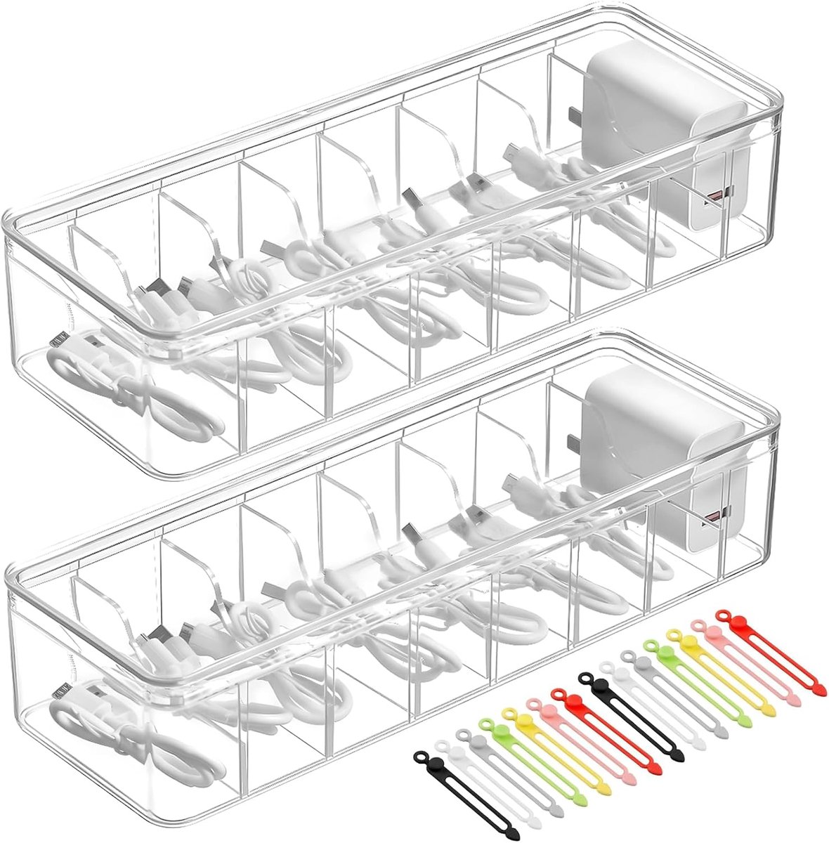 Kabelopbergdoos, 2-delig, kabelorganizer met 8 vakken en 24 kabelbinders, transparant, opbergdoos voor het organiseren van kantoor