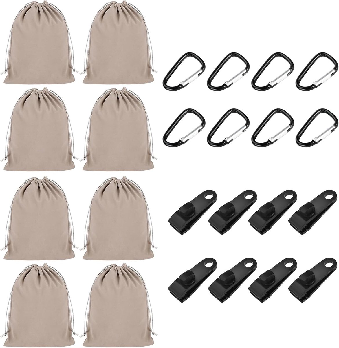 8 stuks draagbare gewichtszakken, zandzak met 8 karabijnhaken en 8 clips | Zandzakken, 8 karabijnhaken + 8 bevestigingsclips, veelzijdig, winddicht, voor paviljoen, tent, tafelkleden, camping