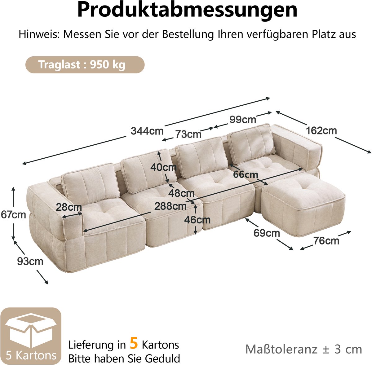 MIVRAY Hoekbank 344 cm - L Vormig Modulsofa Met Hocker En 32D Schuimstof - Voor Woonkamer En Lounge - Polyester - Beige