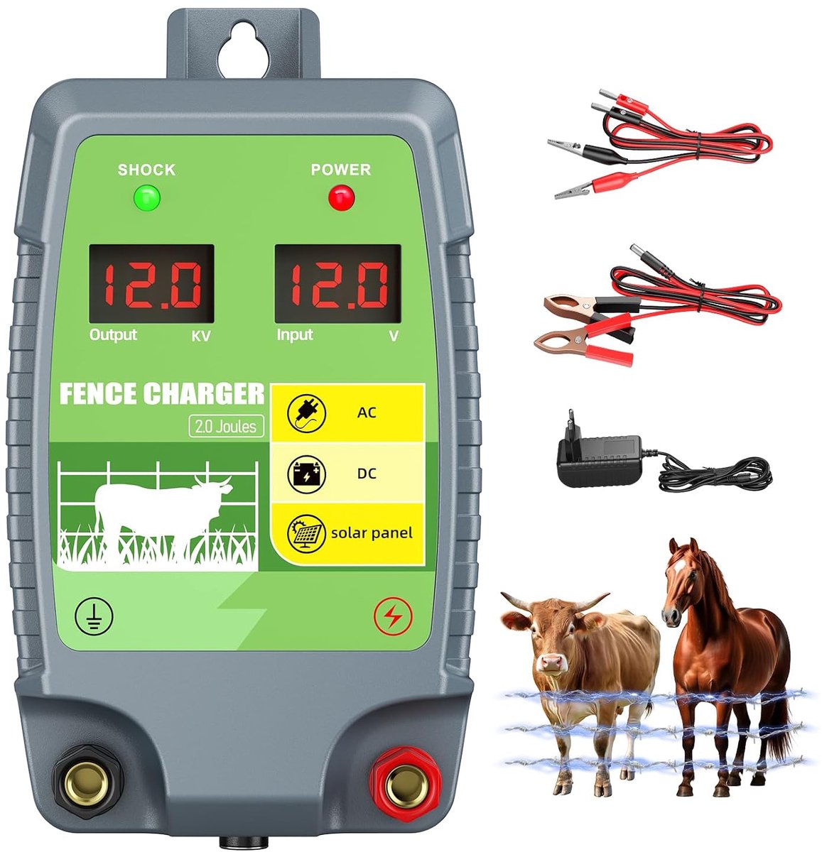 Omheining, 2J, 10 km controlebereik, waterdichte elektrische omheining, energizer met led-display, 3 voedingsopties voor boeren, kwekers