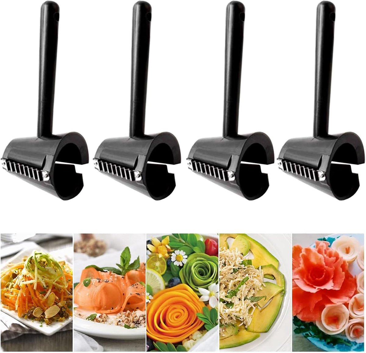 4 stuks decoratieve spiraalsnijder, groentesnijder, spiraal, kan radijsbloesem maken, twee soorten bloemvormen voor fruitsalades, serveren van westerse gerechten (zwart)
