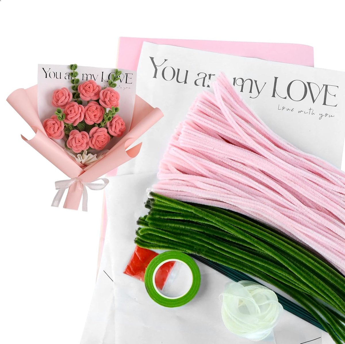 Bloemen, 200 stuks pijpenragers, knutselen, maak je eigen pijpenreiniger, inclusief bloemenlint, cadeaupapier, bloemenstokjes voor boeket, doe-het-zelf set