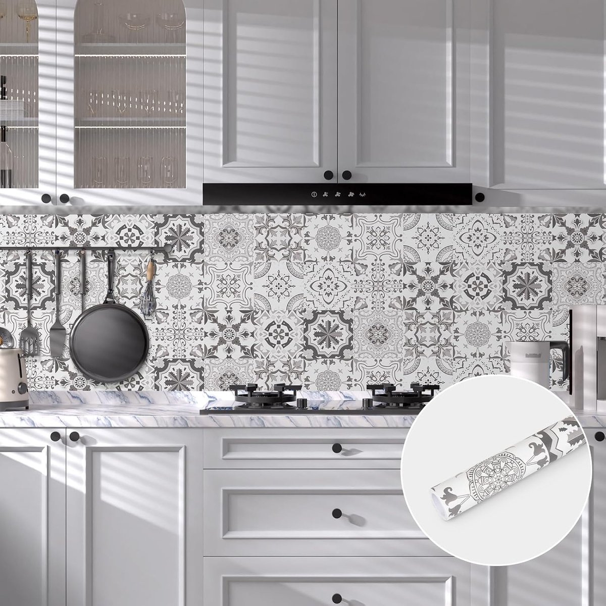 Tegelstickers, 30 x 300 cm, plakkend voor badkamer, afpellen en opplakken, muurtegels, waterdicht, voor keuken en achterspatten | 30 x 300 cm, tegelstickers, wit en grijs, waterdichte plakcoating voor keuken, badkamer en meubels
