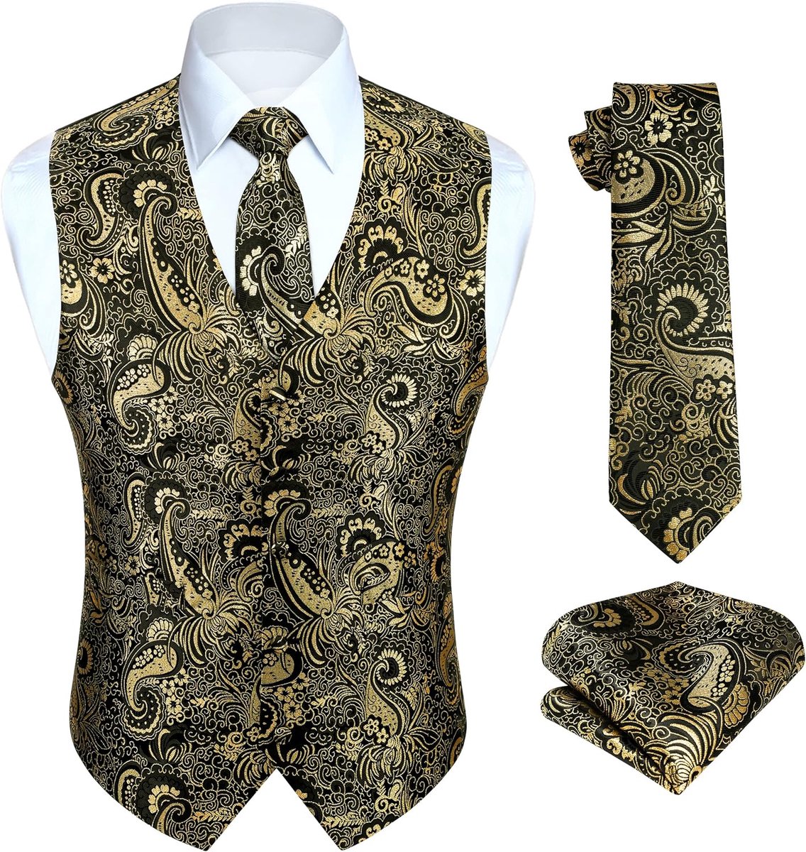 Paisley gilet voor heren, jacquard bloemenmotief, stropdas, pochet, voor bruiloftsfeest, zakelijke pasvorm, set met gilet, XS - 6XL