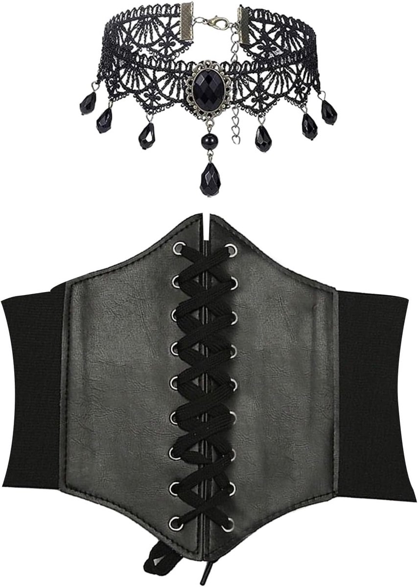 2 stuks korset voor dames, met 1 gothic sieraden, bruin, middeleeuwse kleding, dames, piratenkostuum, korset, riem, piratenkostuum, kanten choker